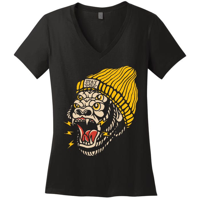 Gorilla Inked Flash Old School Ink Addict Traditional Tattoo Women's V-Neck T-Shirt