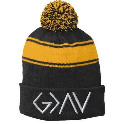 God Is Greater Than The Highs And Lows Embroidered Embroidered Stripe Pom Pom Beanie
