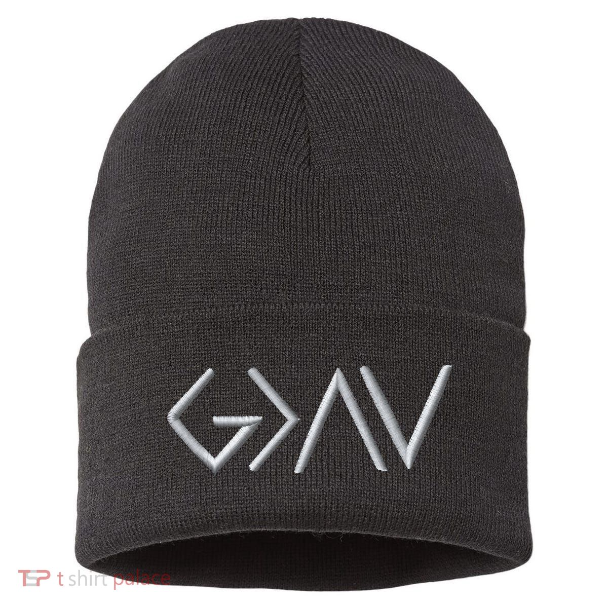God Is Greater Than The Highs And Lows Embroidered Embroidered Sustainable Knit Beanie