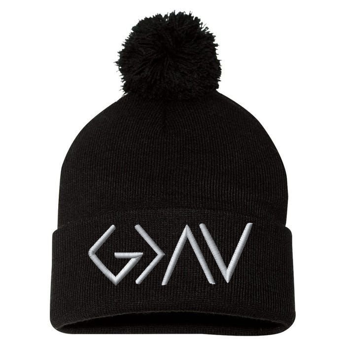 God Is Greater Than The Highs And Lows Embroidered Embroidered Pom Pom 12in Knit Beanie
