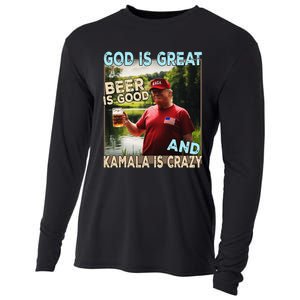 God Is Great Beer Is Good And Kamala Are Crazy Funny Trump Cooling Performance Long Sleeve Crew