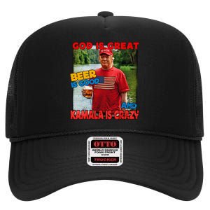 God Is Great Beer Is Good And Kamala Are Crazy Funny Trump High Crown Mesh Back Trucker Hat