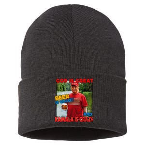 God Is Great Beer Is Good And Kamala Are Crazy Funny Trump Sustainable Knit Beanie