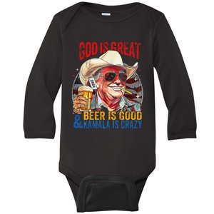 God Is Great Beer Is Good And Kamala Are Crazy Funny Trump Baby Long Sleeve Bodysuit