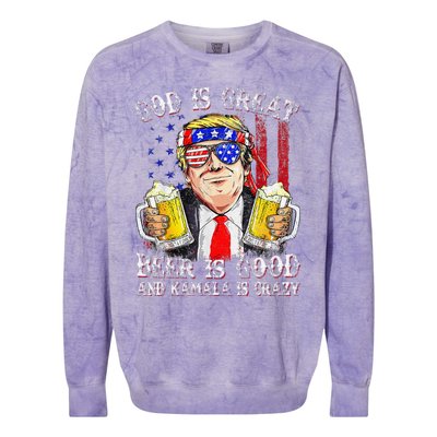 God Is Great Beer Is Good And Kamala Are Crazy Funny Trump Colorblast Crewneck Sweatshirt