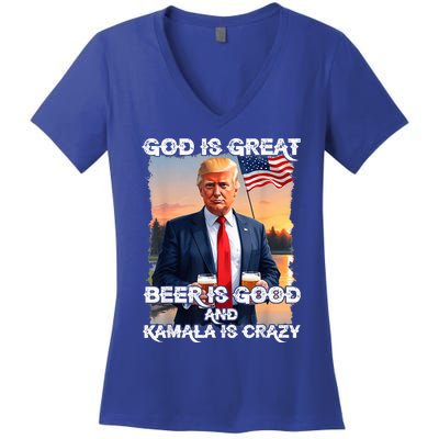 God Is Great Beer Is Good And Kamala Are Crazy Women's V-Neck T-Shirt