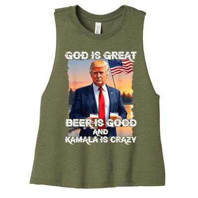 God Is Great Beer Is Good And Kamala Are Crazy Women's Racerback Cropped Tank