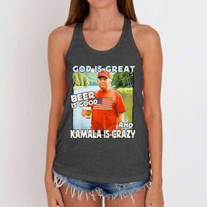 God Is Great Beer Is Good And Kamala Are Crazy Funny Trump Women's Knotted Racerback Tank