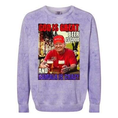 God Is Great Beer Is Good And Kamala Are Crazy Funny Trump Colorblast Crewneck Sweatshirt