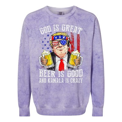 God Is Great Beer Is Good And Kamala Are Crazy Funny Trump Colorblast Crewneck Sweatshirt