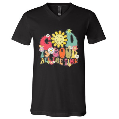 God Is Good All The Time Retro Vintage Floral Christian V-Neck T-Shirt