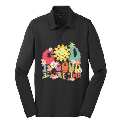 God Is Good All The Time Retro Vintage Floral Christian Silk Touch Performance Long Sleeve Polo