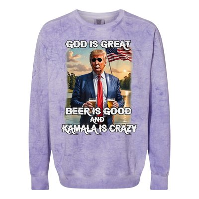 God Is Great Beer Is Good And Kamala Are Crazy Funny Trump Colorblast Crewneck Sweatshirt