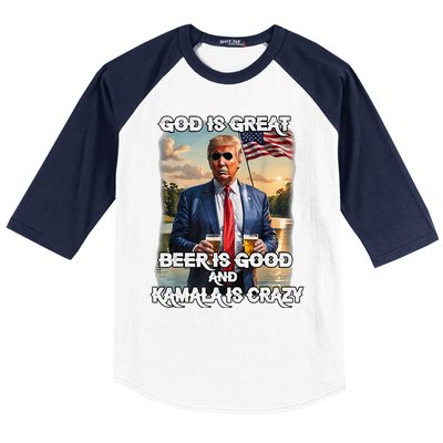 God Is Great Beer Is Good And Kamala Are Crazy Funny Trump Baseball Sleeve Shirt