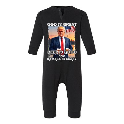 God Is Great Beer Is Good And Kamala Are Crazy Funny Trump Infant Fleece One Piece