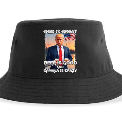 God Is Great Beer Is Good And Kamala Are Crazy Funny Trump Sustainable Bucket Hat