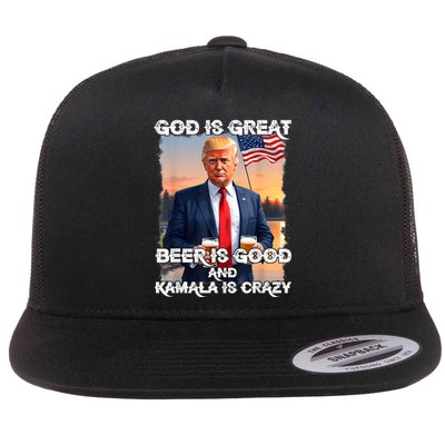 God Is Great Beer Is Good And Kamala Are Crazy Funny Trump Flat Bill Trucker Hat