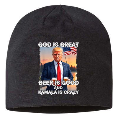 God Is Great Beer Is Good And Kamala Are Crazy Funny Trump Sustainable Beanie