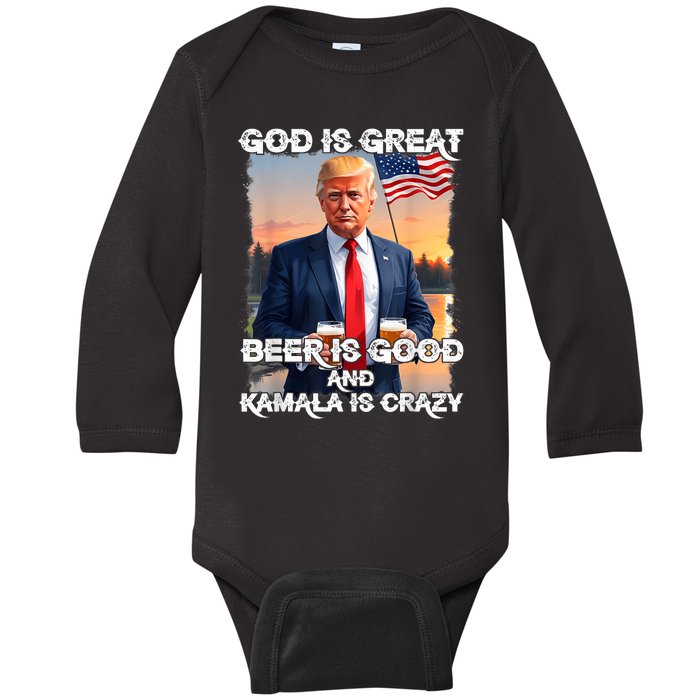 God Is Great Beer Is Good And Kamala Are Crazy Funny Trump Baby Long Sleeve Bodysuit