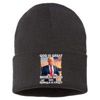 God Is Great Beer Is Good And Kamala Are Crazy Funny Trump Sustainable Knit Beanie