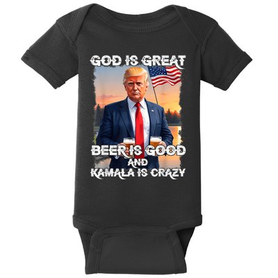 God Is Great Beer Is Good And Kamala Are Crazy Funny Trump Baby Bodysuit