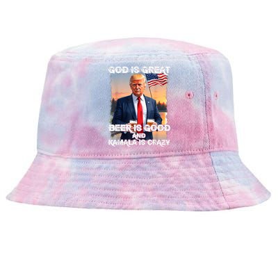 God Is Great Beer Is Good And Kamala Are Crazy Funny Trump Tie-Dyed Bucket Hat