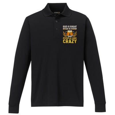 God Is Great Beer Is Good People Are Crazy Vintage Gift Performance Long Sleeve Polo