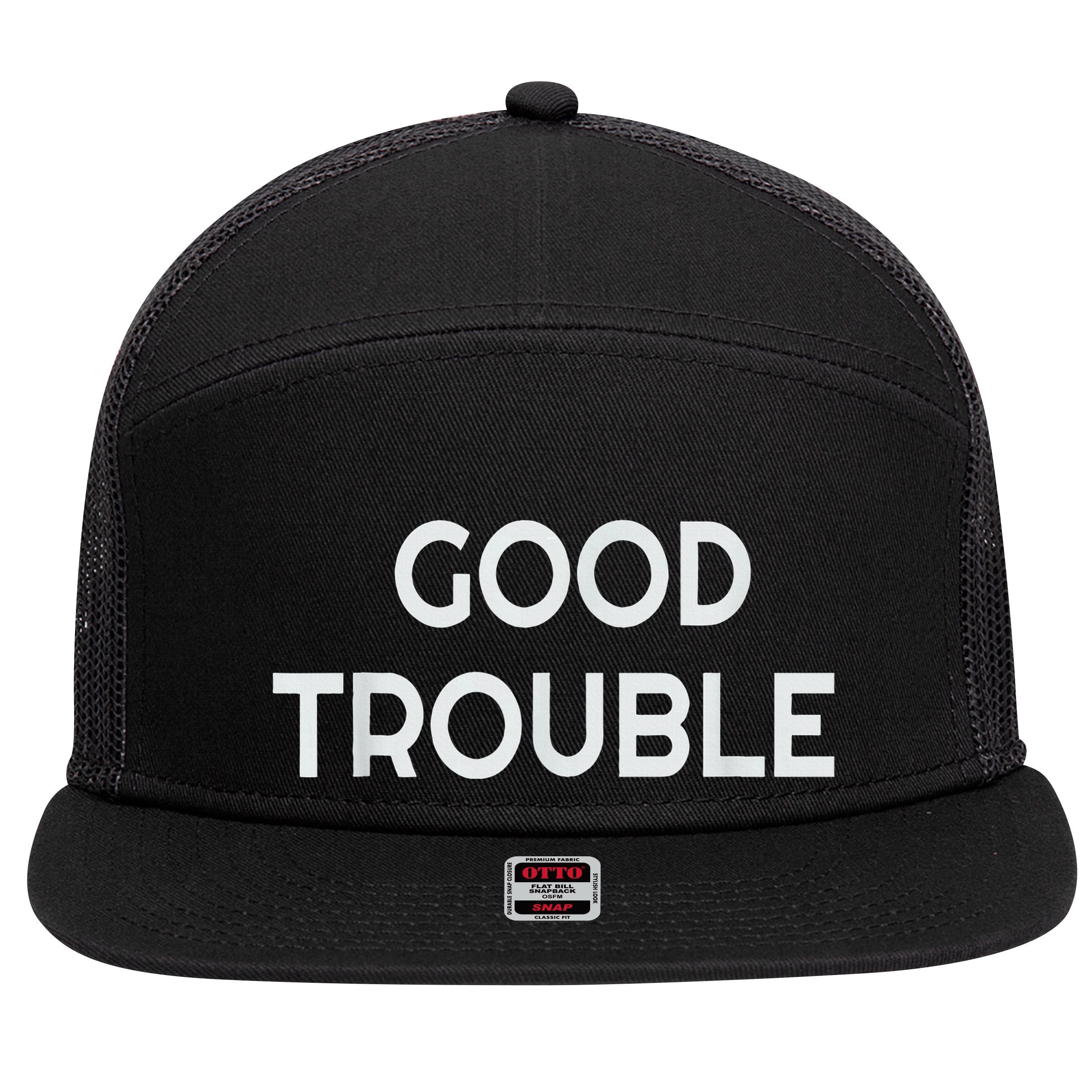 Get In Good Necessary Trouble 7 Panel Mesh Trucker Snapback Hat