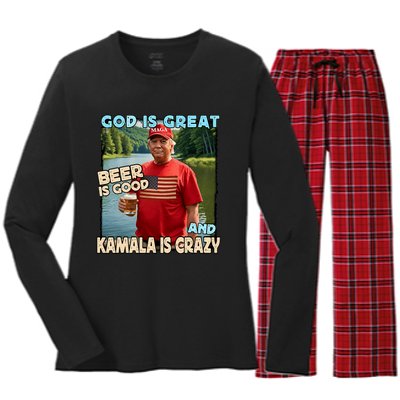 God Is Great Beer Is Good And Kamala Are Crazy Funny Trump Women's Long Sleeve Flannel Pajama Set 