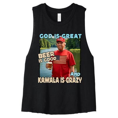 God Is Great Beer Is Good And Kamala Are Crazy Funny Trump Women's Racerback Cropped Tank