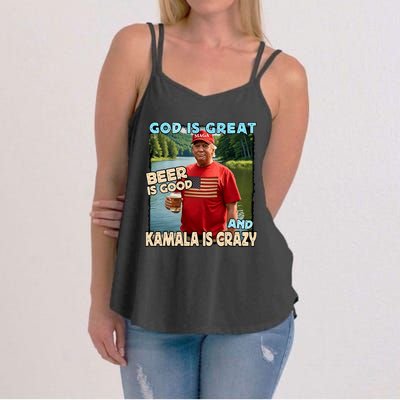 God Is Great Beer Is Good And Kamala Are Crazy Funny Trump Women's Strappy Tank