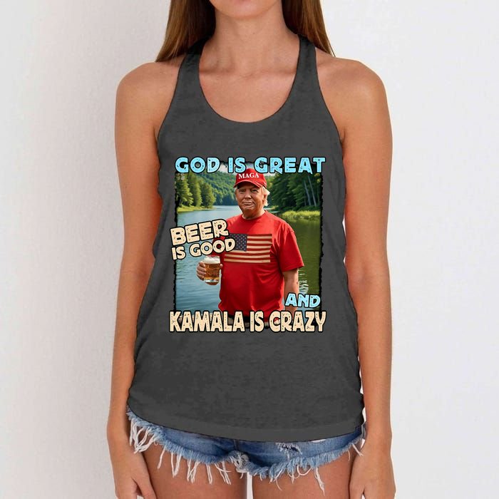 God Is Great Beer Is Good And Kamala Are Crazy Funny Trump Women's Knotted Racerback Tank