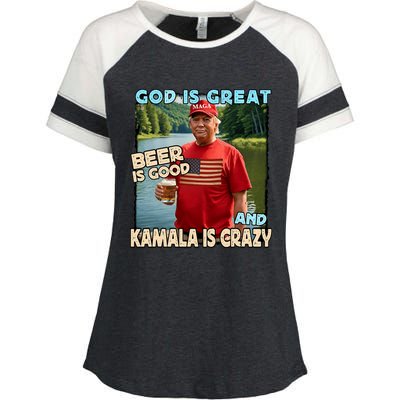 God Is Great Beer Is Good And Kamala Are Crazy Funny Trump Enza Ladies Jersey Colorblock Tee