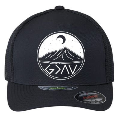 God Is Greater Than High And Lows Mountain Camping Flexfit Unipanel Trucker Cap