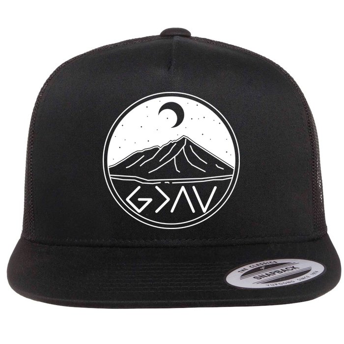 God Is Greater Than High And Lows Mountain Camping Flat Bill Trucker Hat