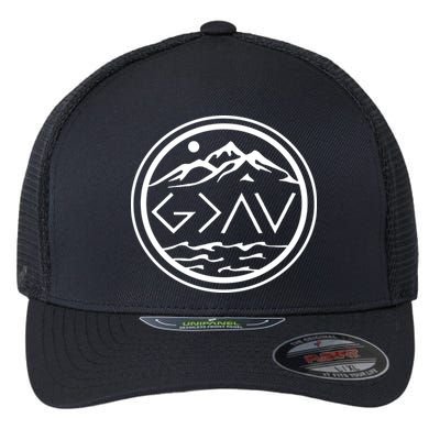 God Is Greater Than The High And Lows Graphic Inspirational Christian Mountain Flexfit Unipanel Trucker Cap