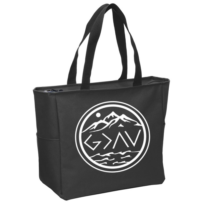 God Is Greater Than The High And Lows Graphic Inspirational Christian Mountain Zip Tote Bag