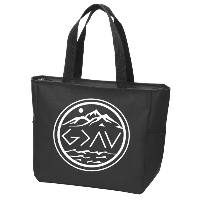God Is Greater Than The High And Lows Graphic Inspirational Christian Mountain Zip Tote Bag