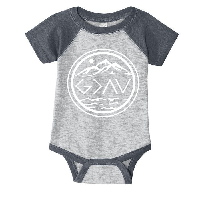 God Is Greater Than The High And Lows Graphic Inspirational Christian Mountain Infant Baby Jersey Bodysuit