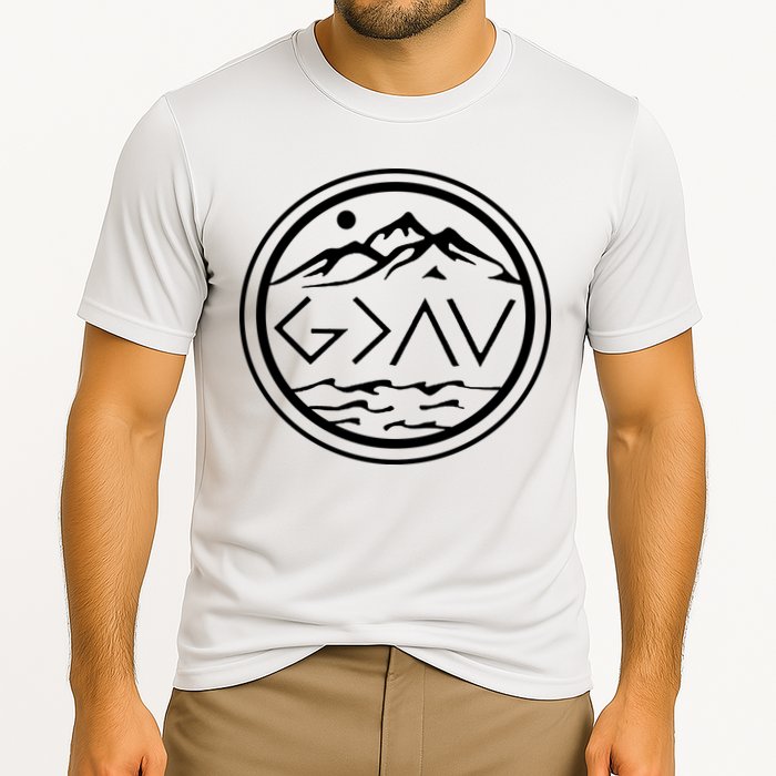 God Is Greater Than The High And Lows Graphic Inspirational Christian Mountain Performance Shirt