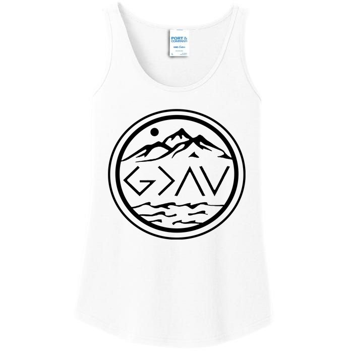 God Is Greater Than The High And Lows Graphic Inspirational Christian Mountain Ladies Essential Tank