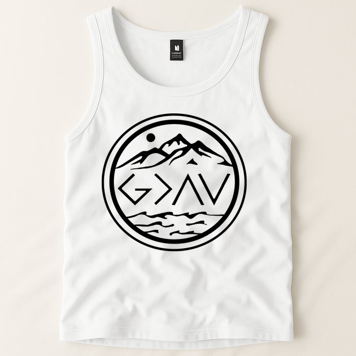God Is Greater Than The High And Lows Graphic Inspirational Christian Mountain Tank Top