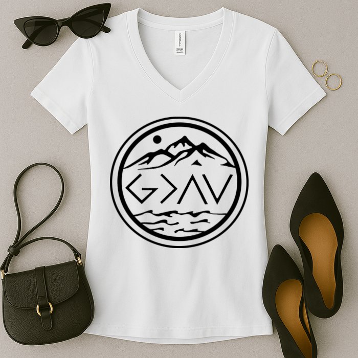 God Is Greater Than The High And Lows Graphic Inspirational Christian Mountain Women's V-Neck T-Shirt