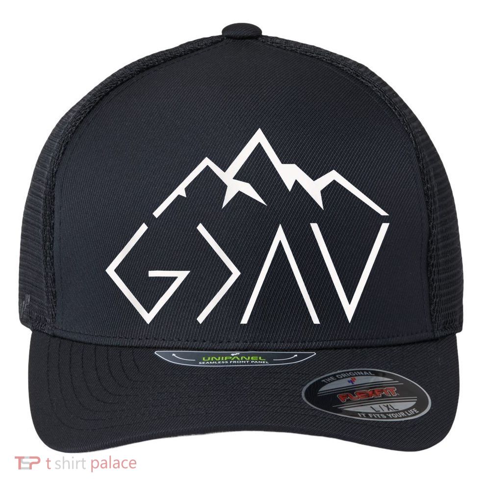 God Is Greater Than The Highs And Lows Minimalist Mountains Flexfit Unipanel Trucker Cap
