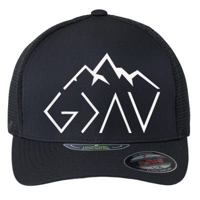 God Is Greater Than The Highs And Lows Minimalist Mountains Flexfit Unipanel Trucker Cap