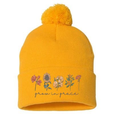 Grow In Grace Wildflower Boho Christian Scripture Religious Pom Pom 12in Knit Beanie