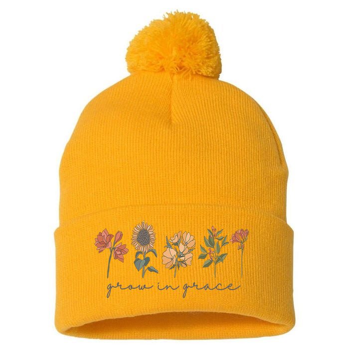 Grow In Grace Wildflower Boho Christian Scripture Religious Pom Pom 12in Knit Beanie