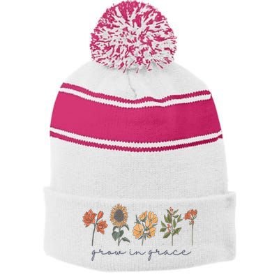 Grow In Grace Wildflower Boho Christian Scripture Religious Stripe Pom Pom Beanie