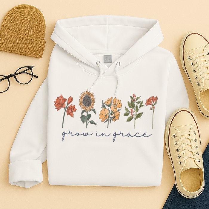 Grow In Grace Wildflower Boho Christian Scripture Religious Hoodie