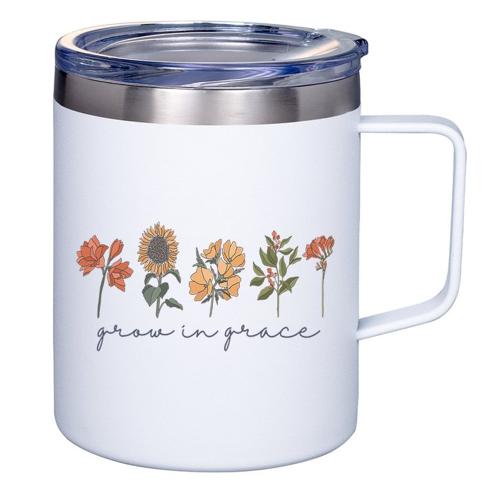 Grow In Grace Wildflower Boho Christian Scripture Religious 12oz Stainless Steel Coffee Mug